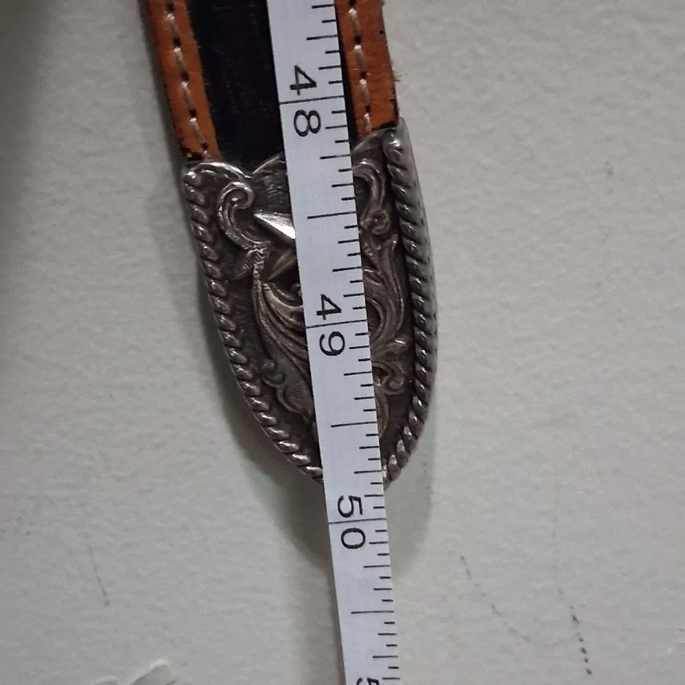 Justin Mens Black Tan Tooled Leather Western Star Belt 50 Inch C11063 Size 44